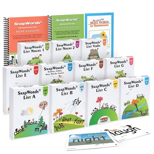 A photo of the SnapWords® 607 Kit components (3 books and 11 sets of sight word flashcards)