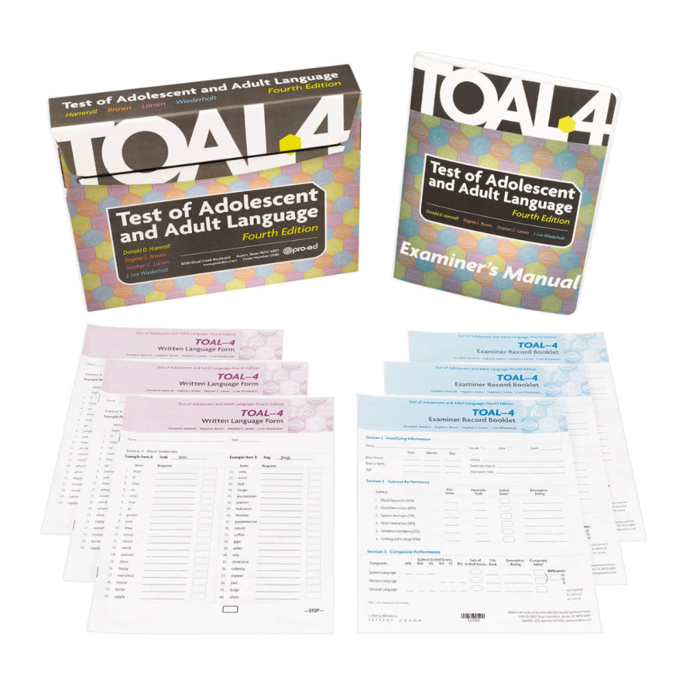 TOAL 4 Test of Adolescent and Adult Language exam kit components including the main test book, examiner's manual, and several practice sheets arranged on a white background.