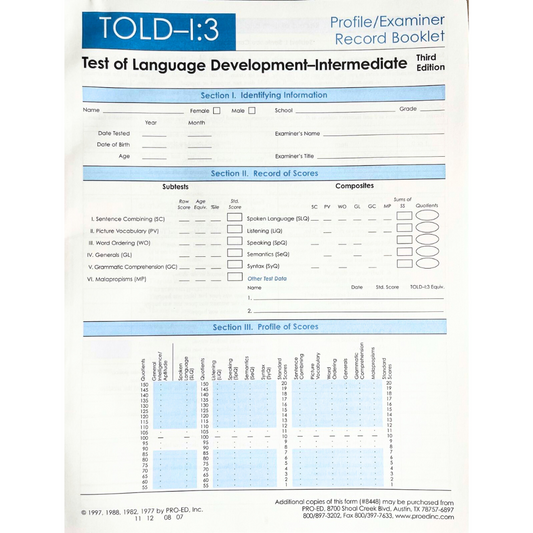 TOLD-I:3 Profile/Examiner Record Booklet