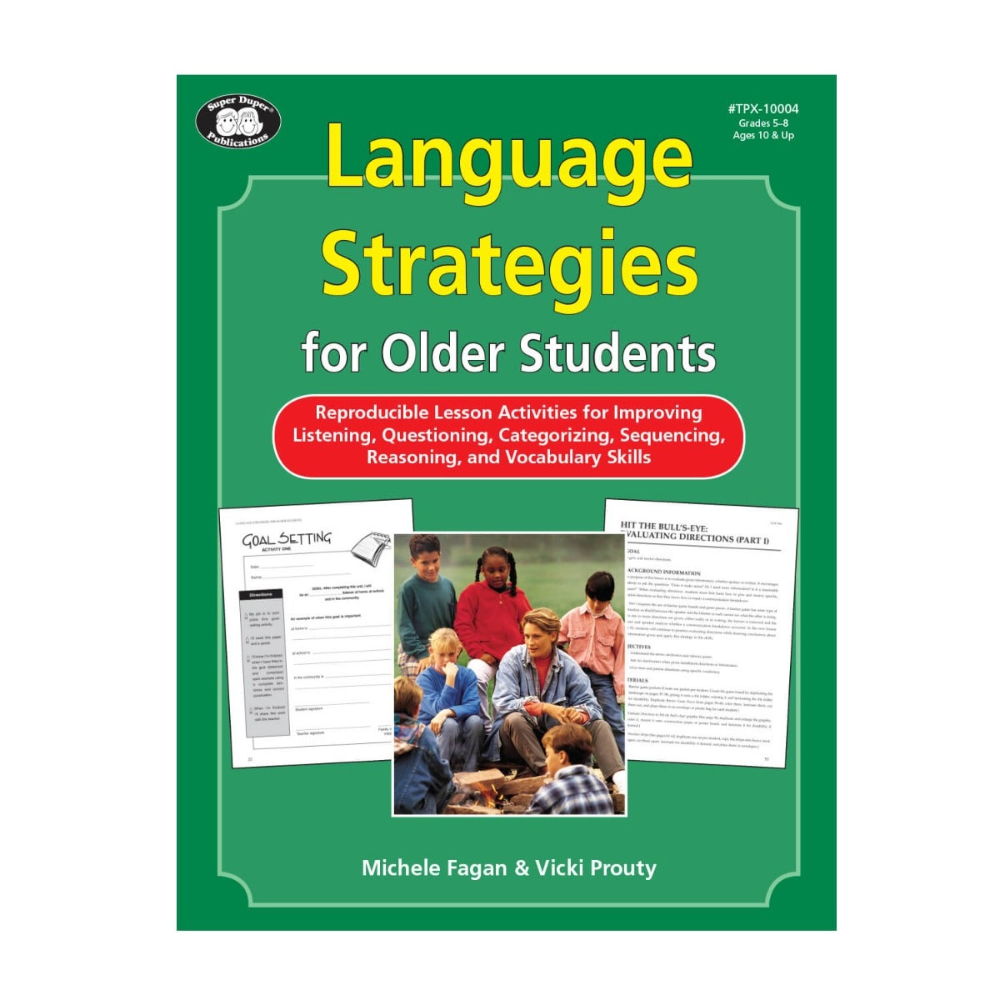 Book cover of 'Language Strategies for Older Students' with a green background and images of students and lesson activities.