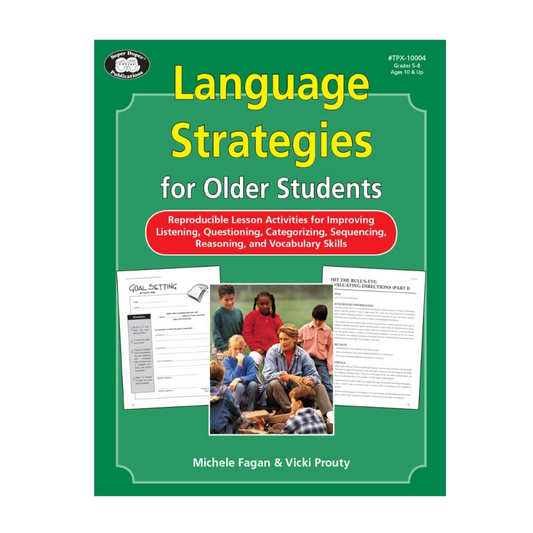 Book cover of 'Language Strategies for Older Students' with a green background and images of students and lesson activities.