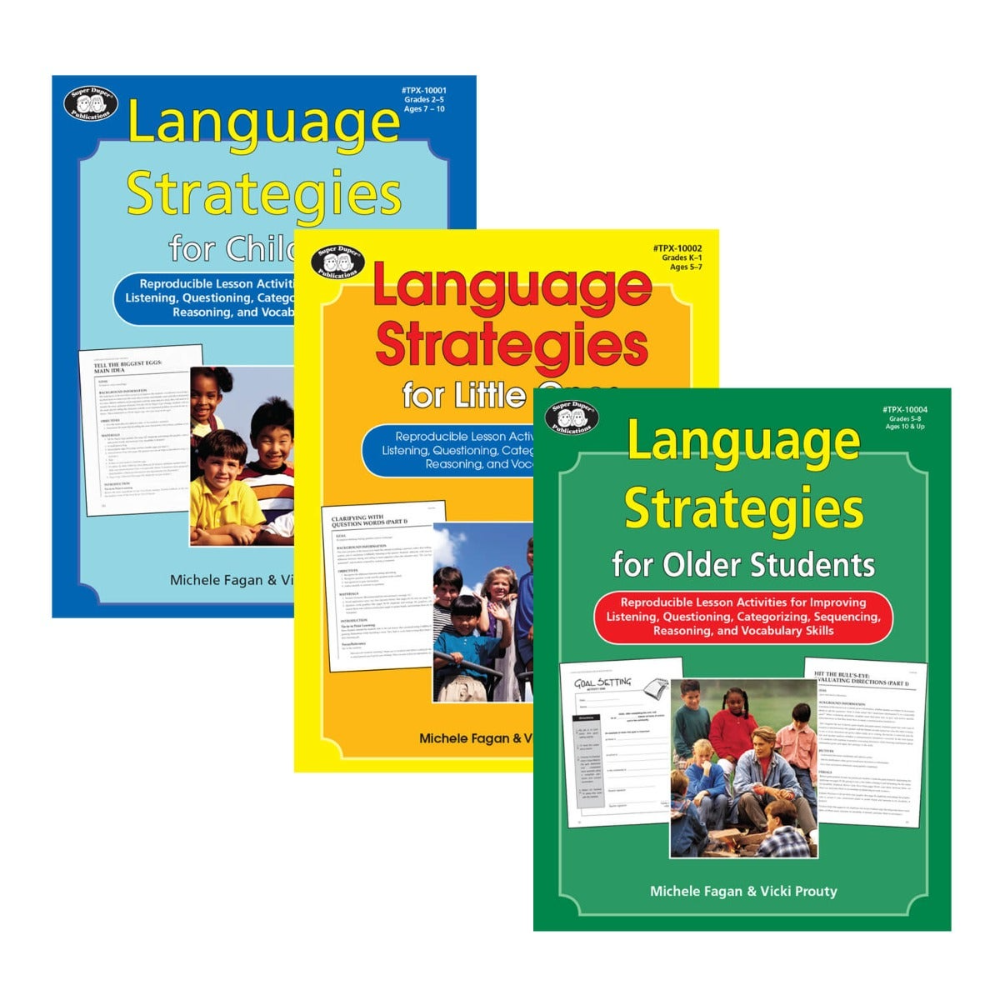 Three books titled 'Language Strategies' for different age groups on a white background