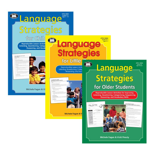 Three books titled 'Language Strategies' for different age groups on a white background