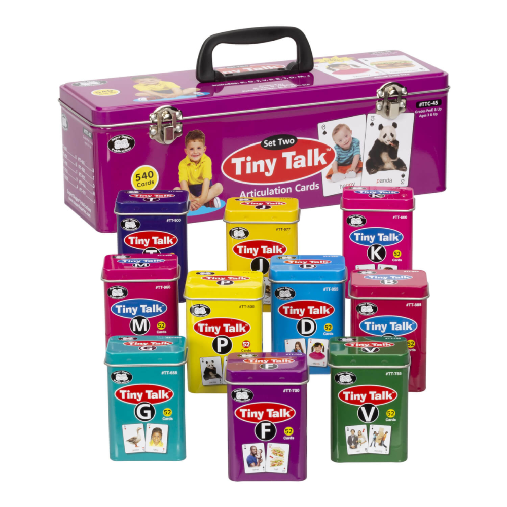 Collection of Tiny Talk educational card sets with colorful packaging on a white background