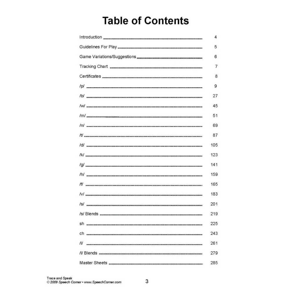 Trace and Speak Table of Contents