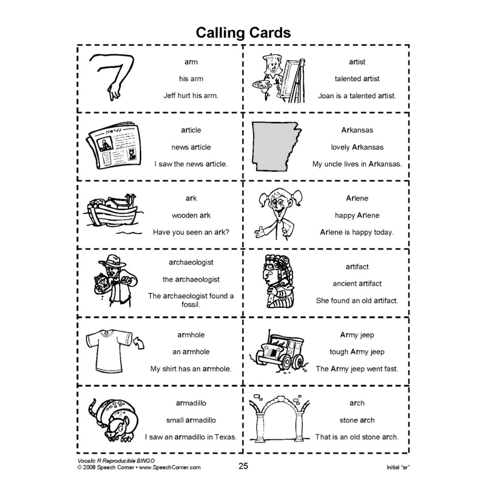 Vocalic R Reproducible Bingo Calling Cards