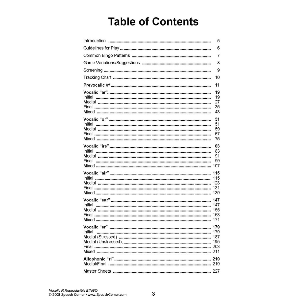 Vocalic R Reproducible Bingo Table of Contents