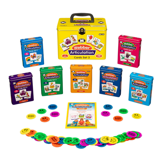 Collection of Webber Articulation card sets and related materials on a white background