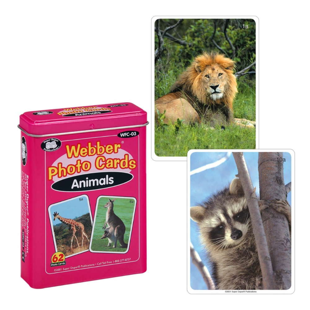 Pink 'Webber Photo Cards Animals' packaging with images of a lion and raccoon.