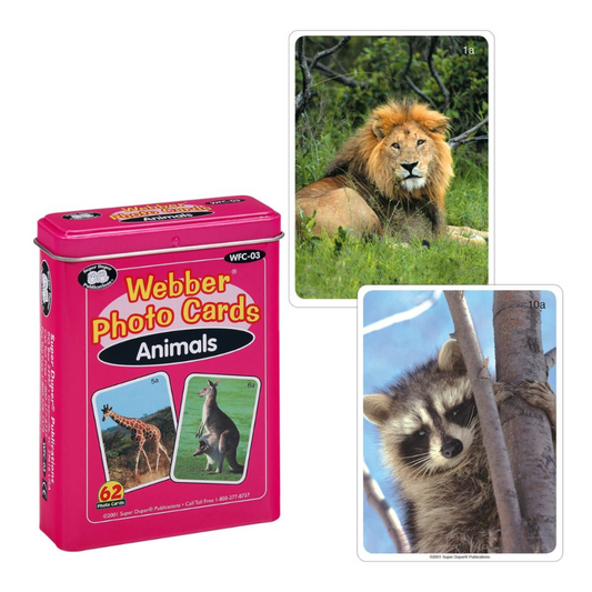 Pink 'Webber Photo Cards Animals' packaging with images of a lion and raccoon.