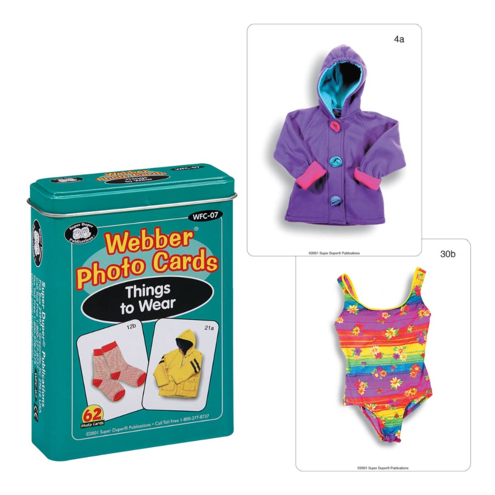 Webber Photo Cards (Things to Wear) packaging with a purple coat and colourful swimsuit on a white background