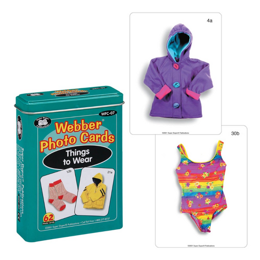 Webber Photo Cards (Things to Wear) packaging with a purple coat and colourful swimsuit on a white background