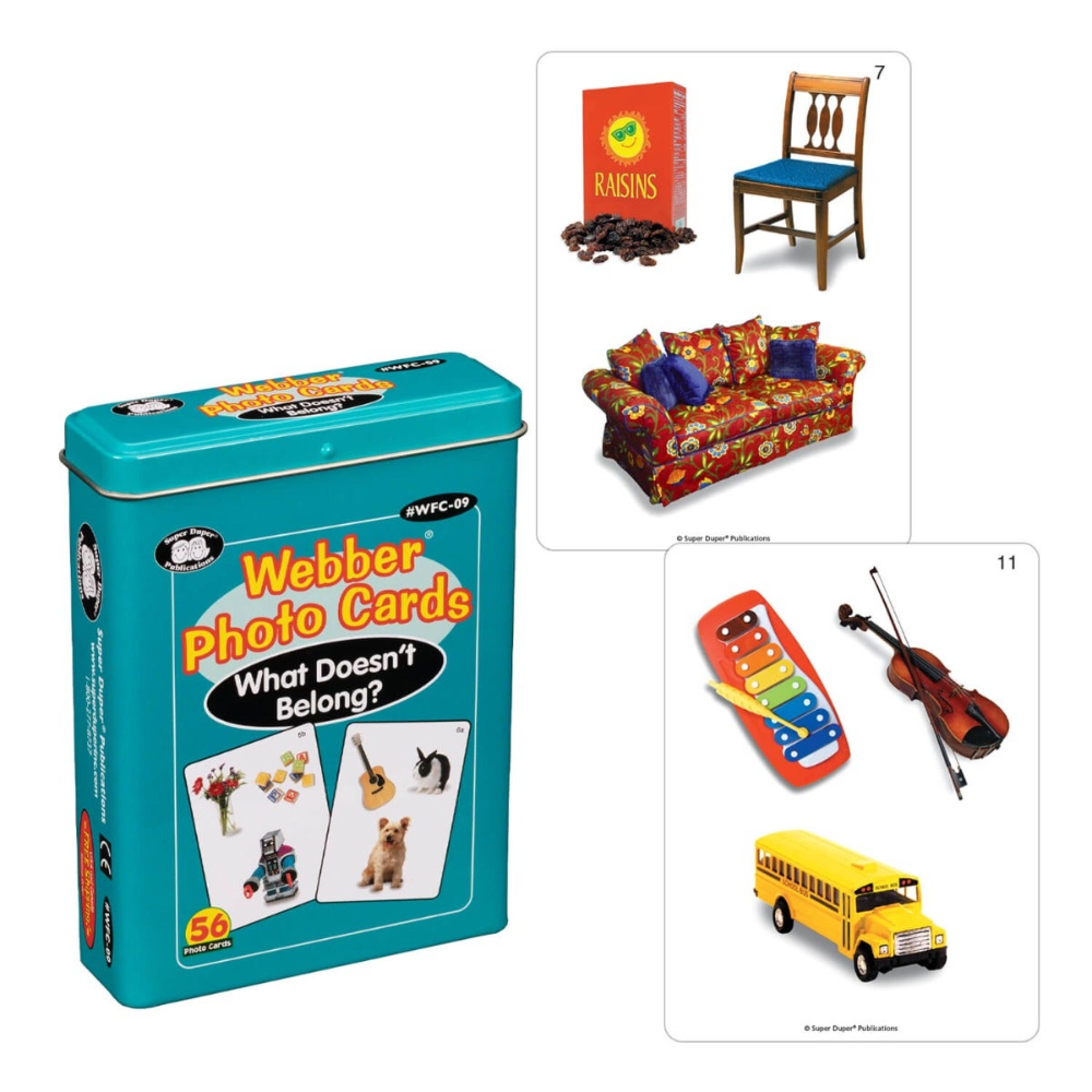 Webber Photo Cards (What Doesn't Belong?) packaging with images of a box, chair, sofa, and toys on a white background