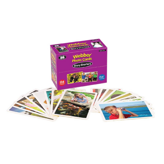 Box of Webber Photo Cards (Story Starters) with sample cards displayed on a white background