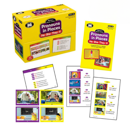 Educational resource set with cards and a box labeled 'Pronouns in Places' on a white background.