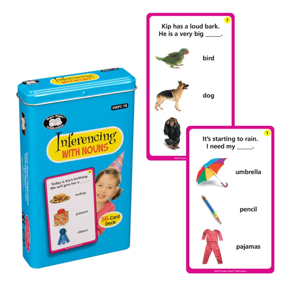 Educational card game set with blue tin box and cards featuring inferencing exercises.