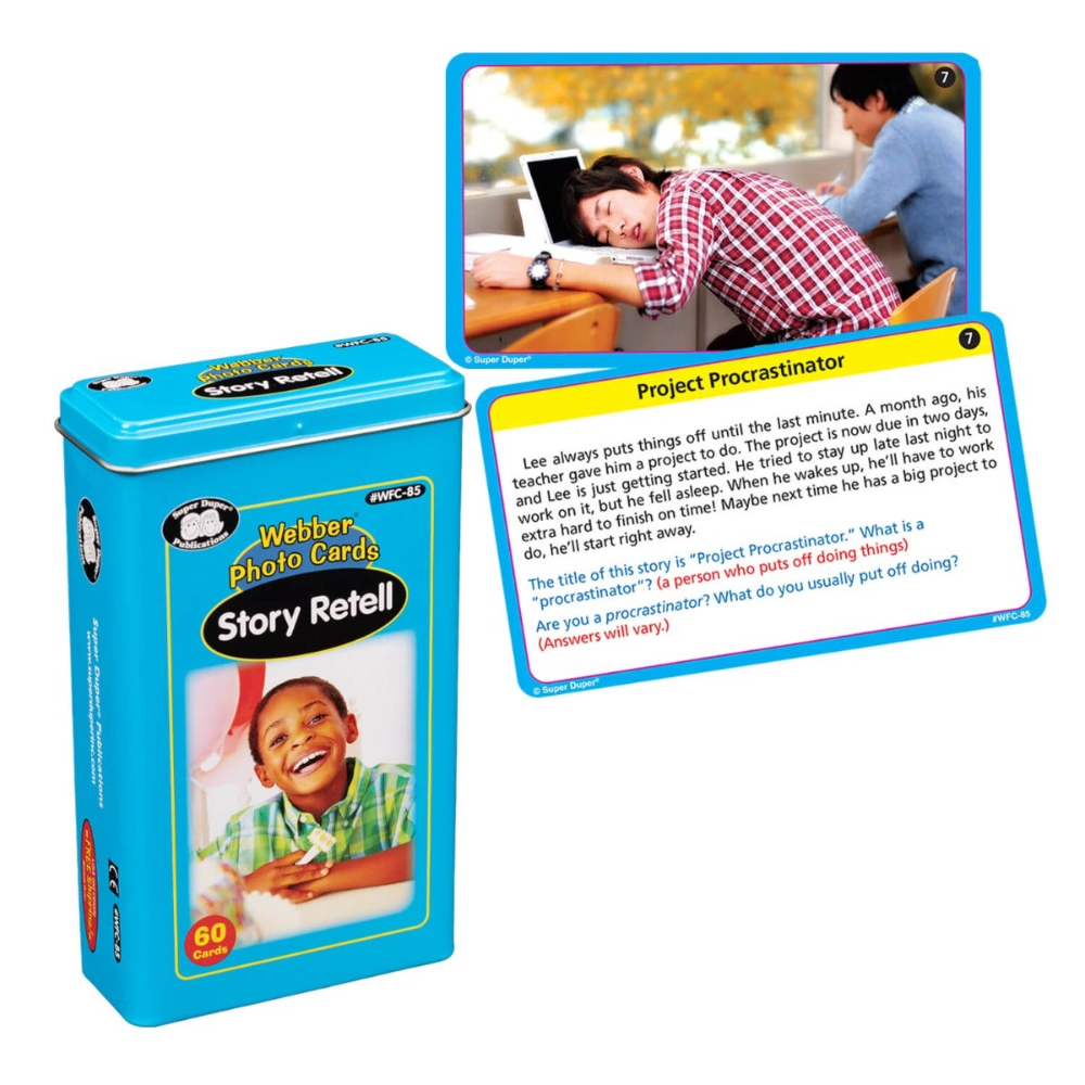 Webber Photo Cards Story Retell set with a card showing 'Project Procrastinator' scenario.