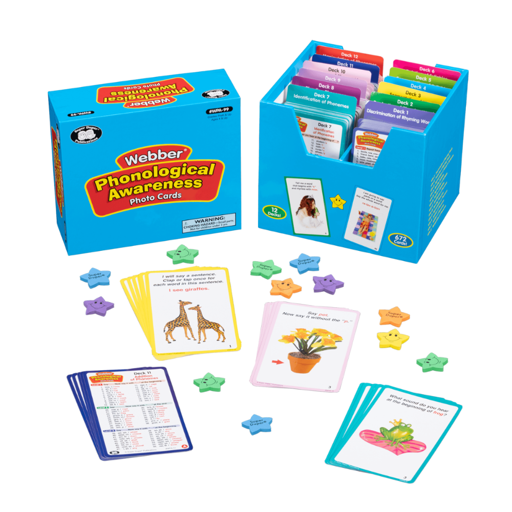 Webber Phonological Awareness Photo Cards set with colorful boxes and cards on a white background