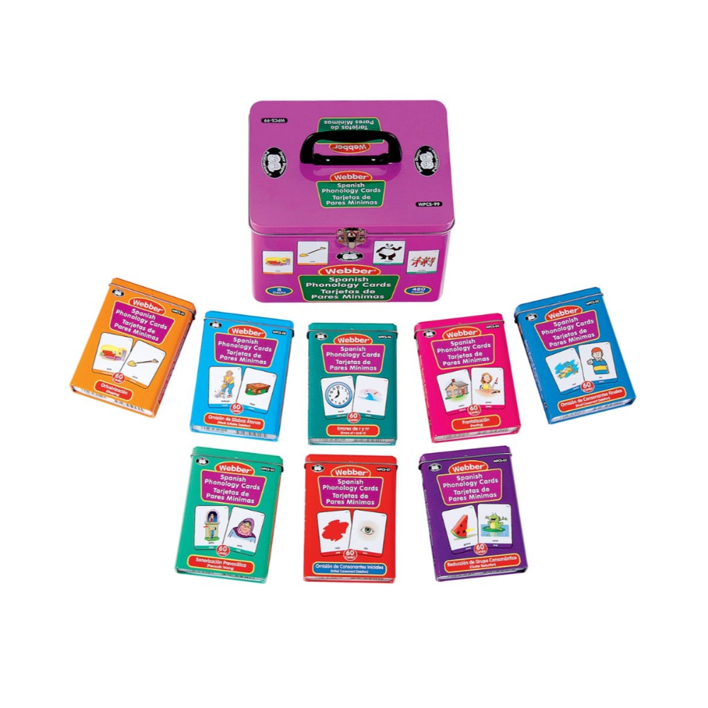 Webber Spanish Phonology Cards Set in a purple tin with included card decks in colourful tins spread around it on a white background