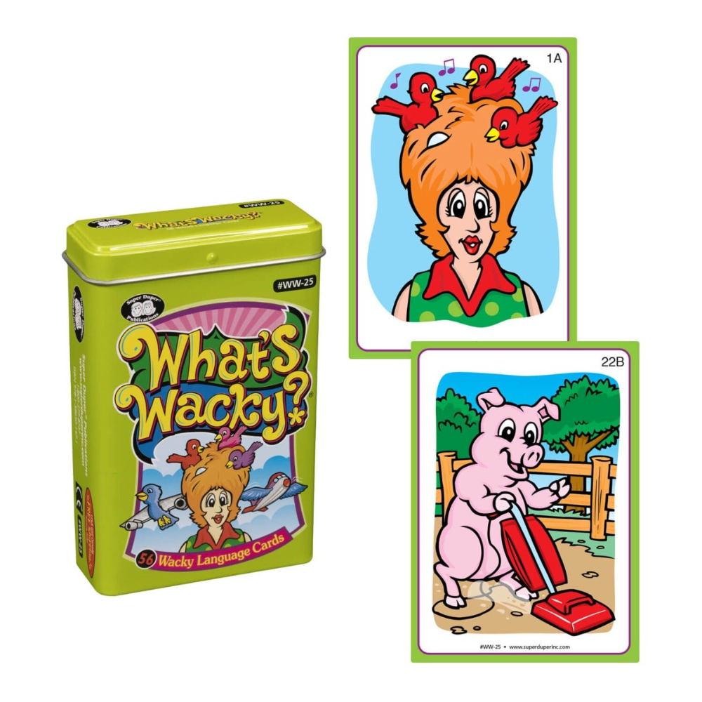 What's Wacky? language card game packaging with cartoon characters on a white background