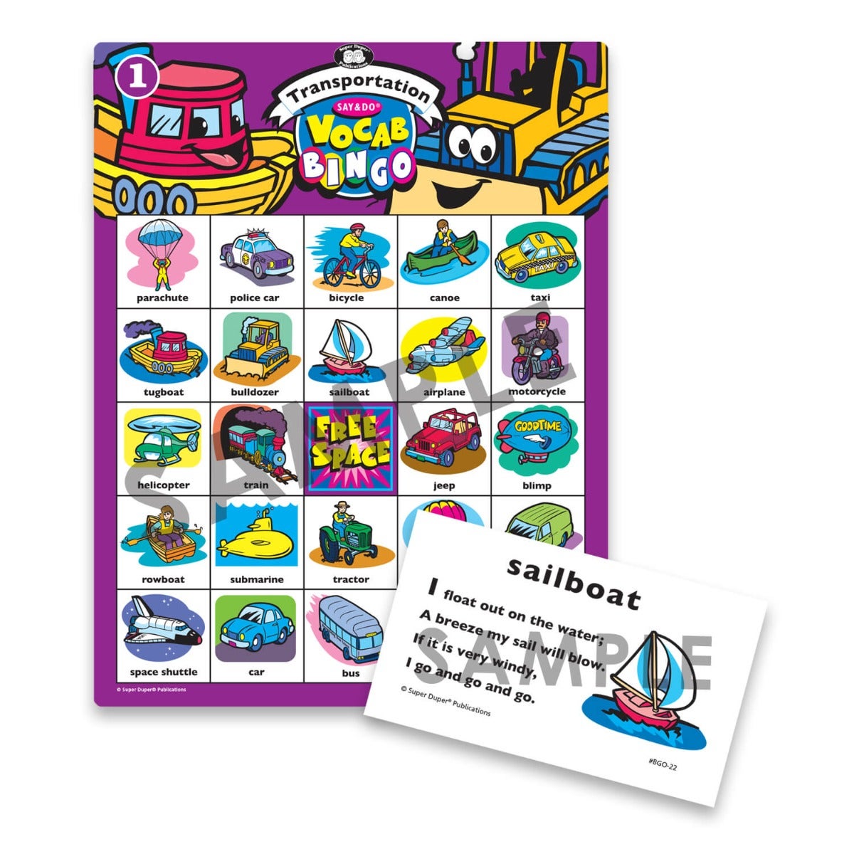 Say & Do® Vocab Bingo, vocabulary learning game for children and students, transportation game board