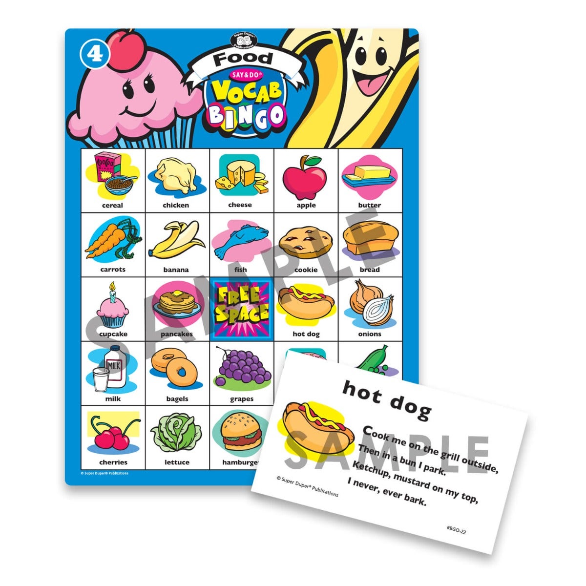 Say & Do® Vocab Bingo, vocabulary learning game for children and students, food game board