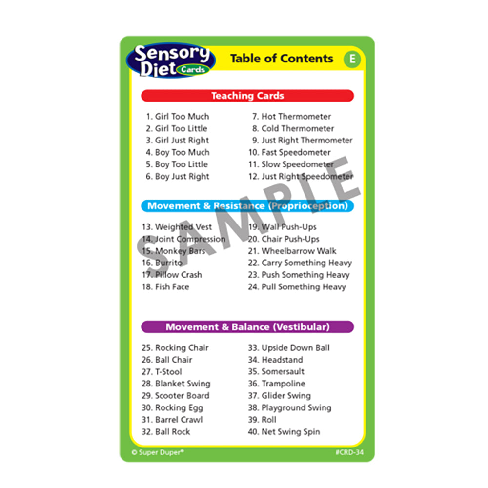Sensory Diet Cards (Second Edition), Table of Contents (E)