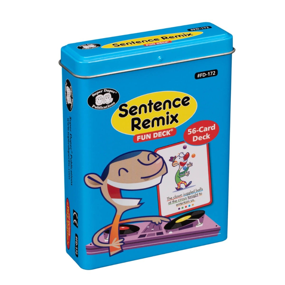 Blue box of 'Sentence Remix' fun deck with cartoon character on a white background