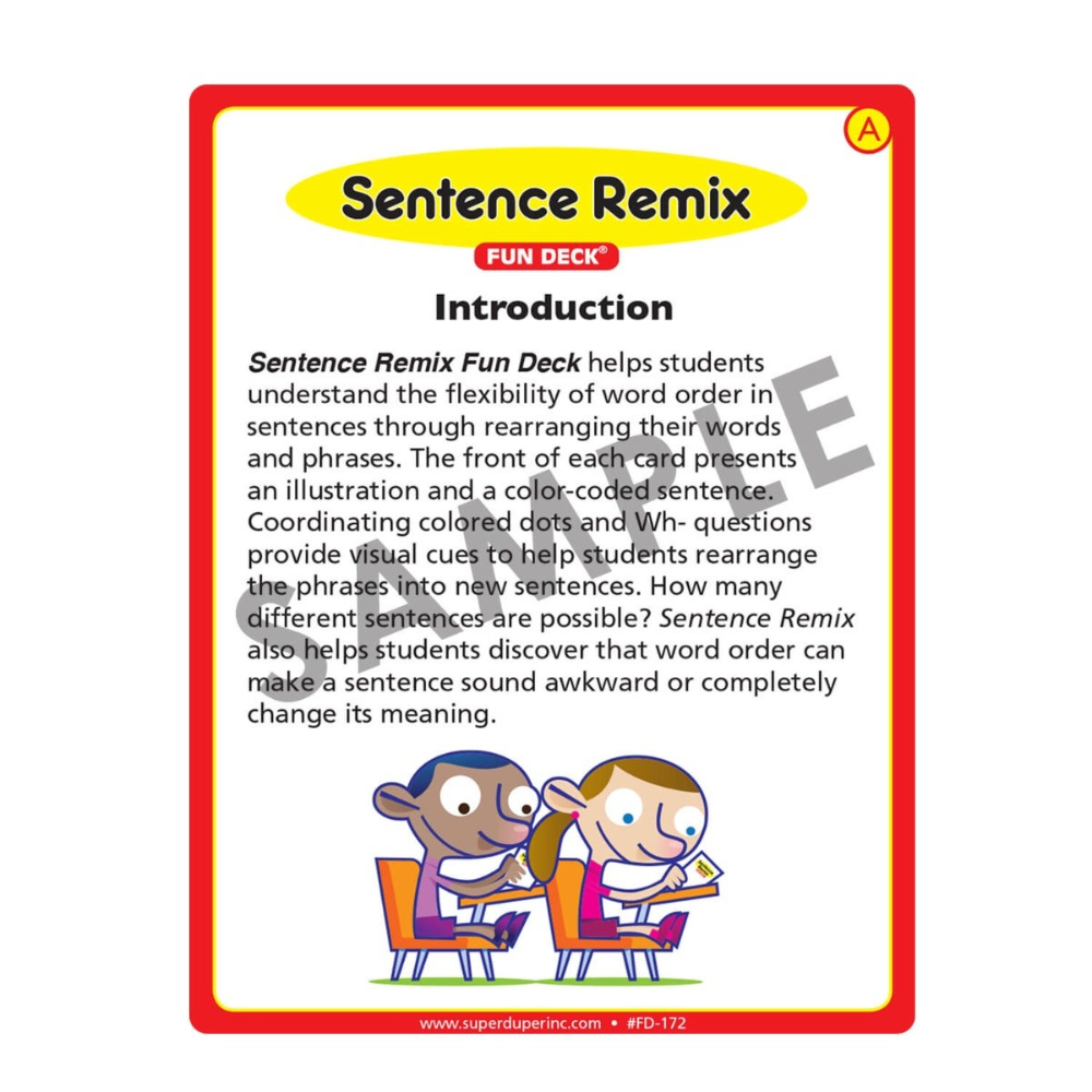 Instructional card for 'Sentence Remix Fun Deck' with text and cartoon characters on a white background.