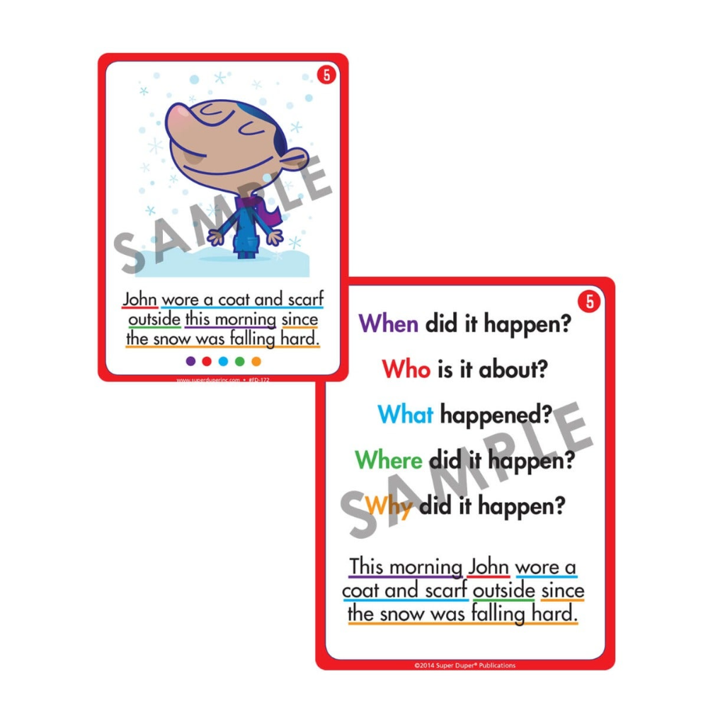 Educational reading comprehension card with a character and text prompts on a white background