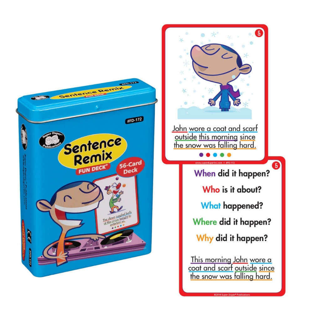Sentence Remix Fun Deck with blue tin and two cards showing text and questions.