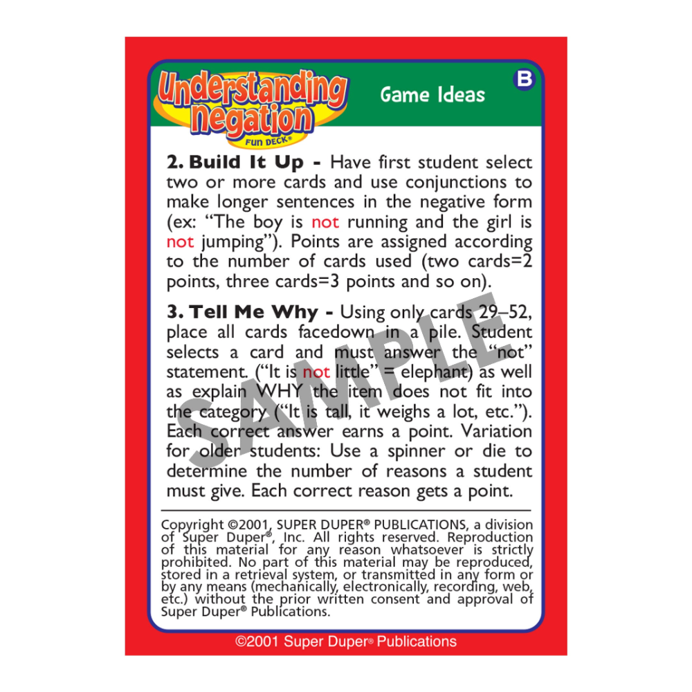 Educational card game instructions for 'Understanding Negation' with colorful border.