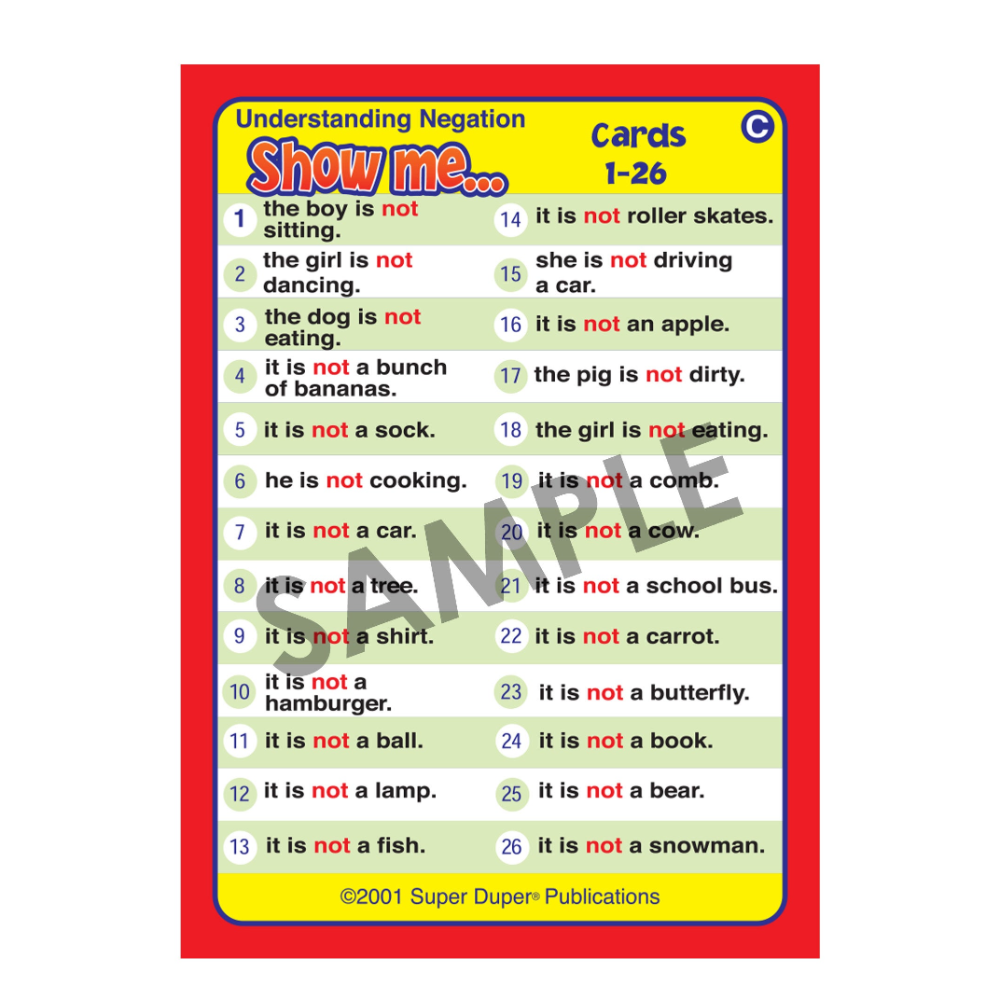 Educational flashcards with negation statements on a red border