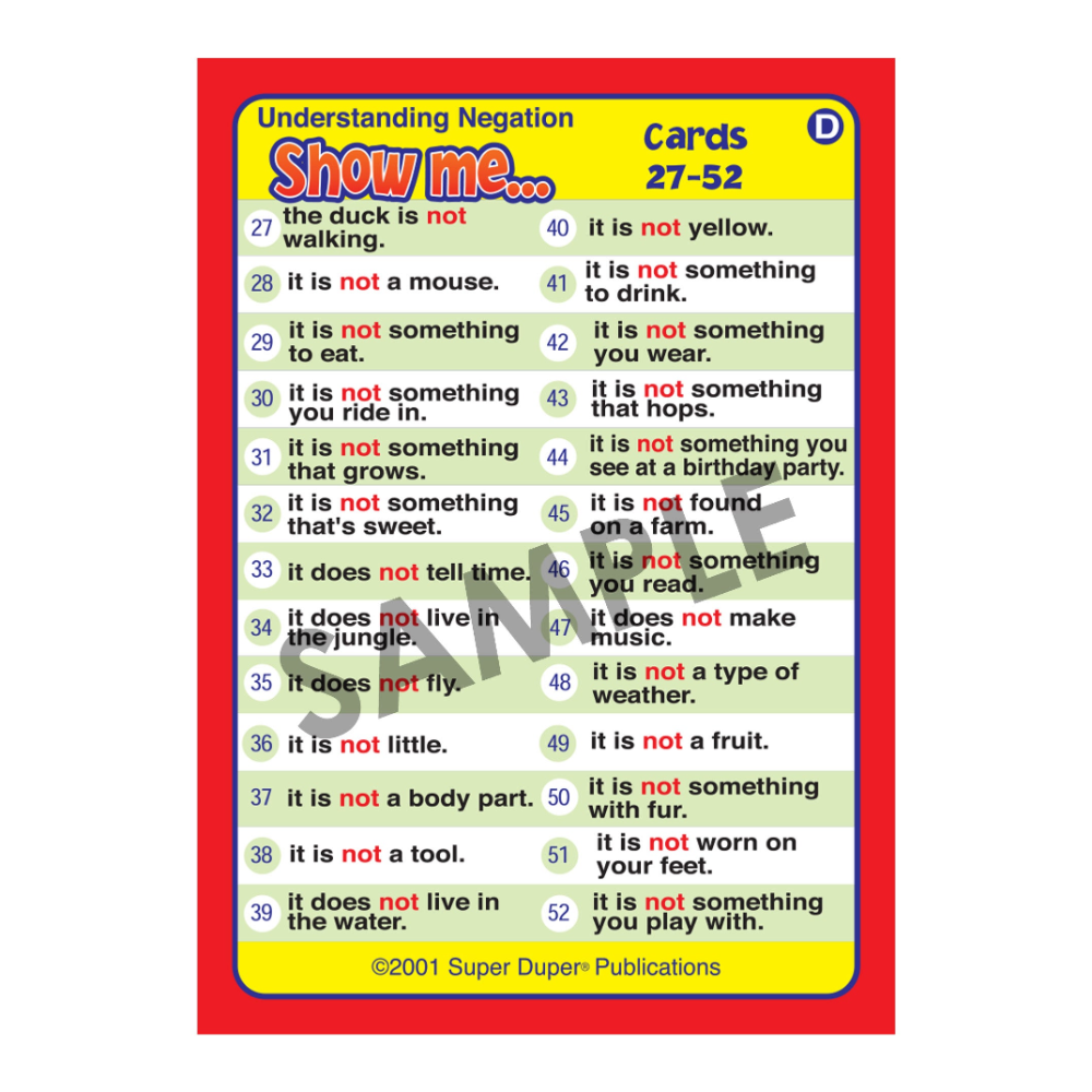 Educational card with negation statements for children, featuring a red border and colorful text.
