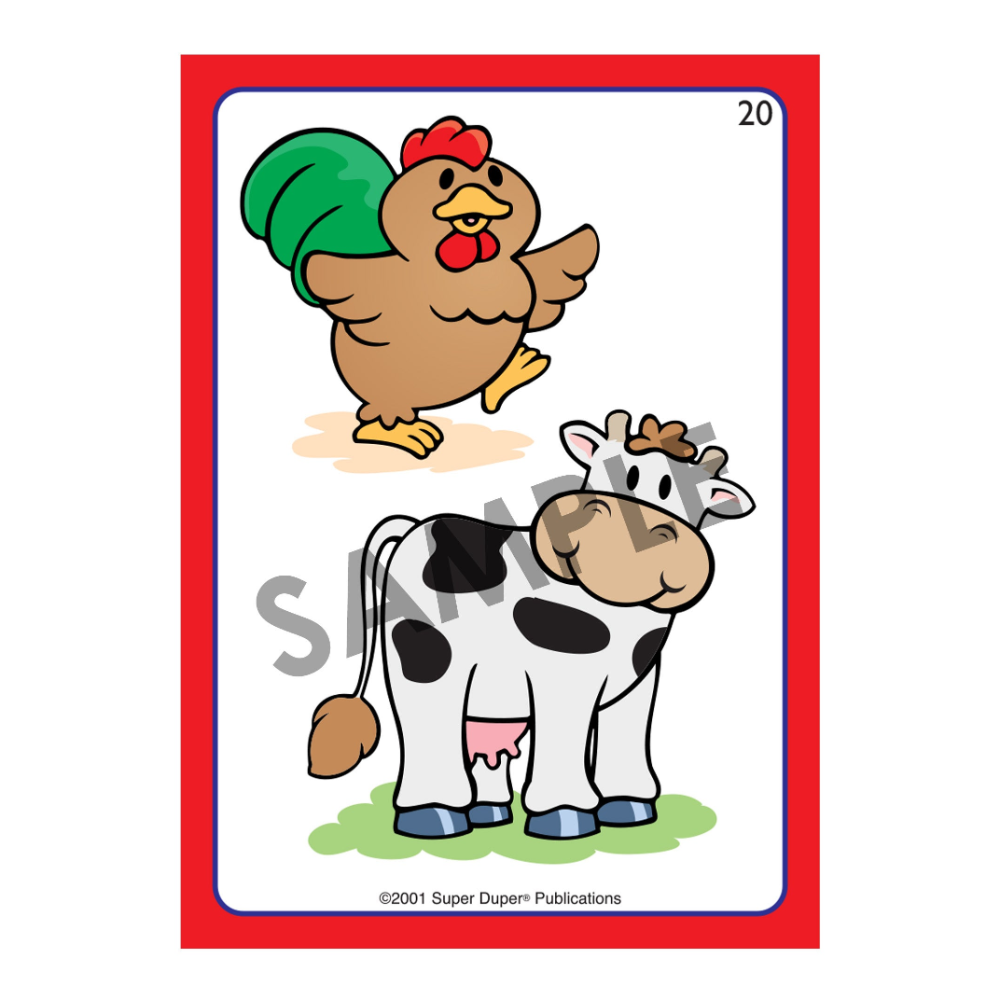 Card with cartoon chicken and cow on a white background