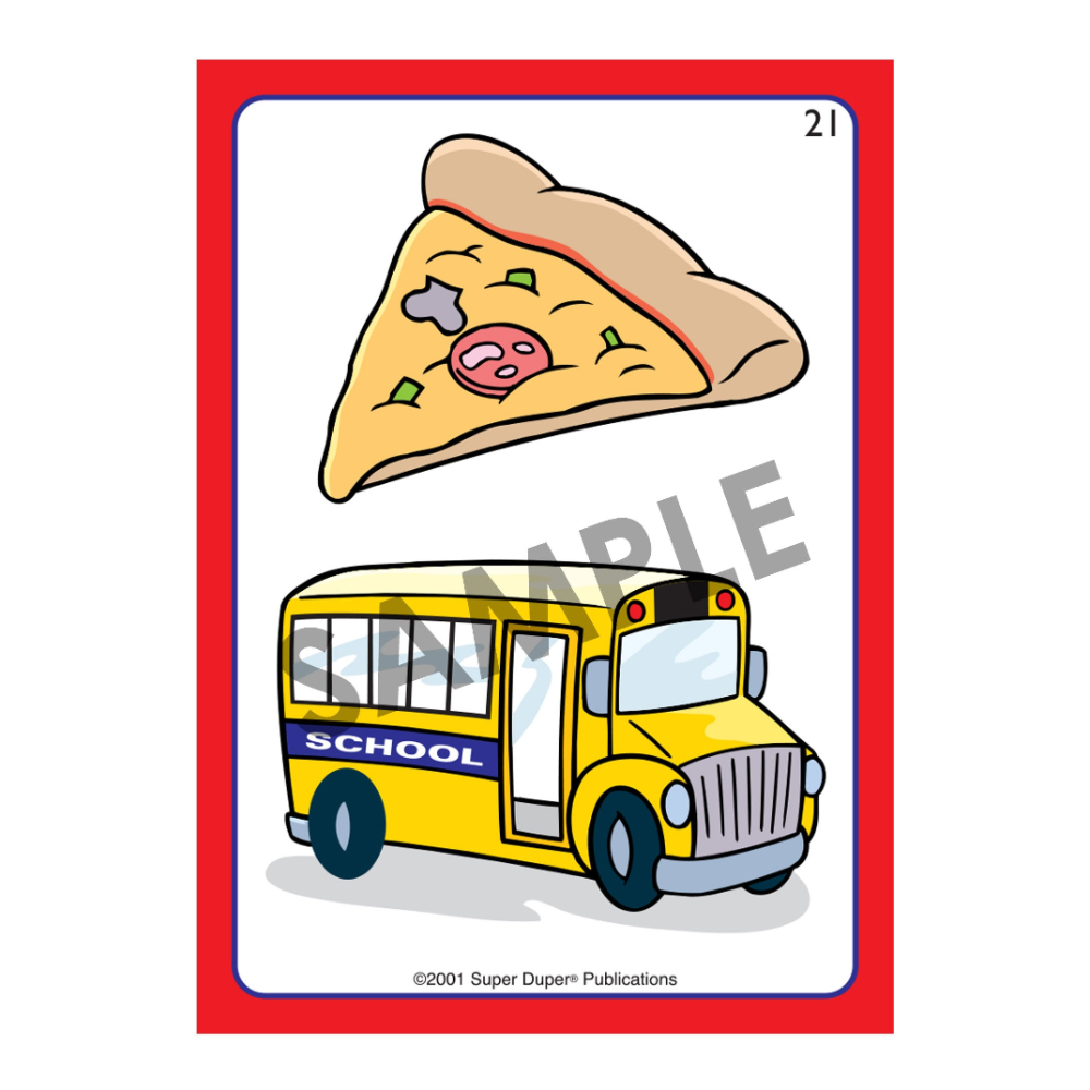 Cartoon pizza with a face above a yellow school bus on a white background