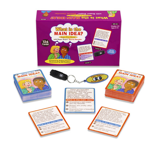 Educational card game set with cards and packaging on a white background