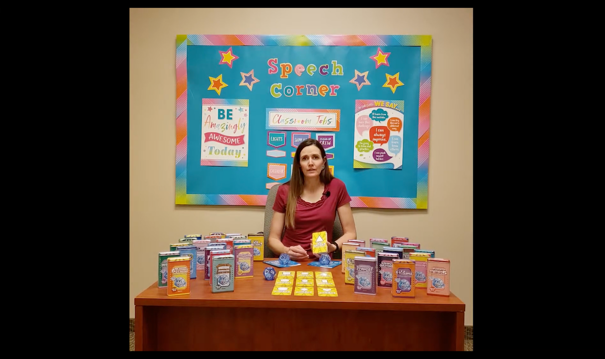 SLP Rachele Ellsworth demonstrating how to use the Double Dice Decks