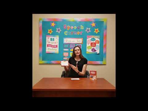 A Speech Language Pathologist (SLP) demonstrating how to use the Speech Corner Articulation Carryover Photo Cards