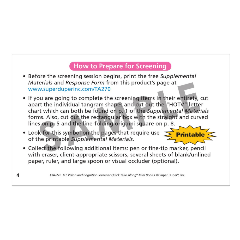 OT Vision & Cognition Screener Quick Take Along® Mini-Book