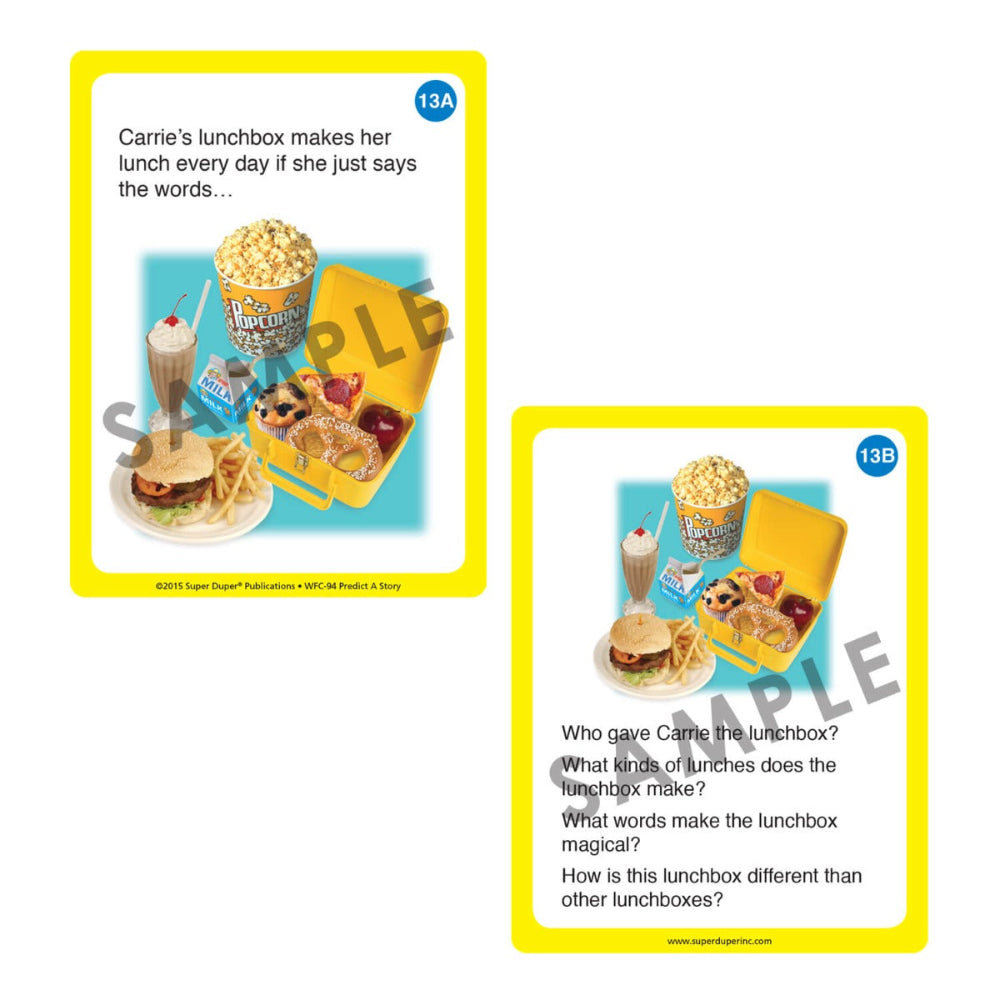 Predict A Story Fun Deck® sample cards, Carrie’s magical lunchbox story