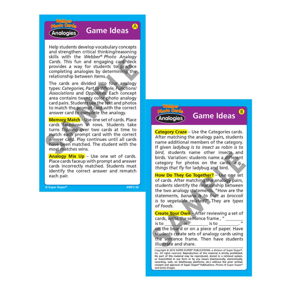 Webber® Photo Cards Analogies back of box showing vocabulary game ideas and instructions