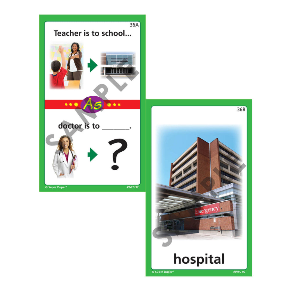 Webber® Analogies photo cards – teacher to school and doctor to hospital analogy example