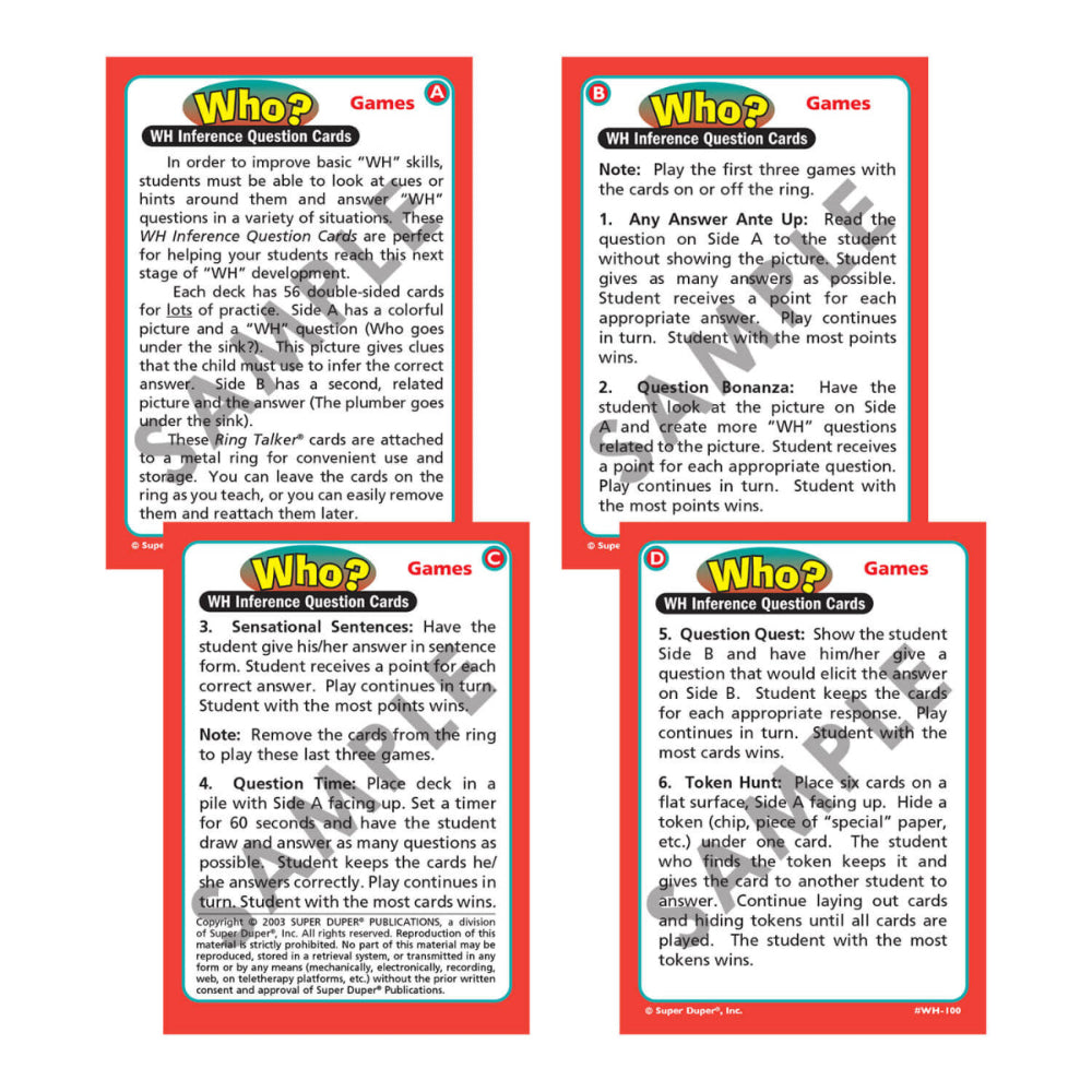 Ring Talkers® WH Inference Question Cards, table of contents for Who deck 