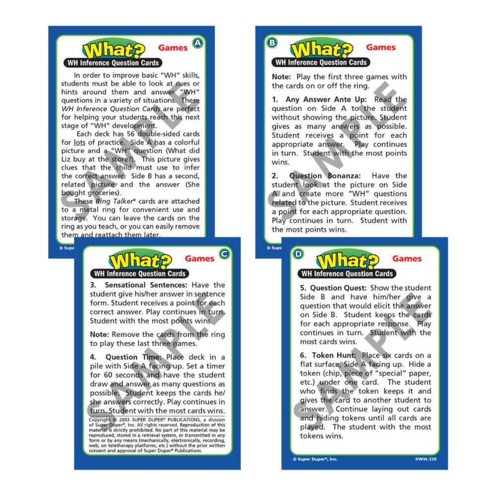 Ring Talkers® WH Inference Question Cards, instruction cards for What deck
