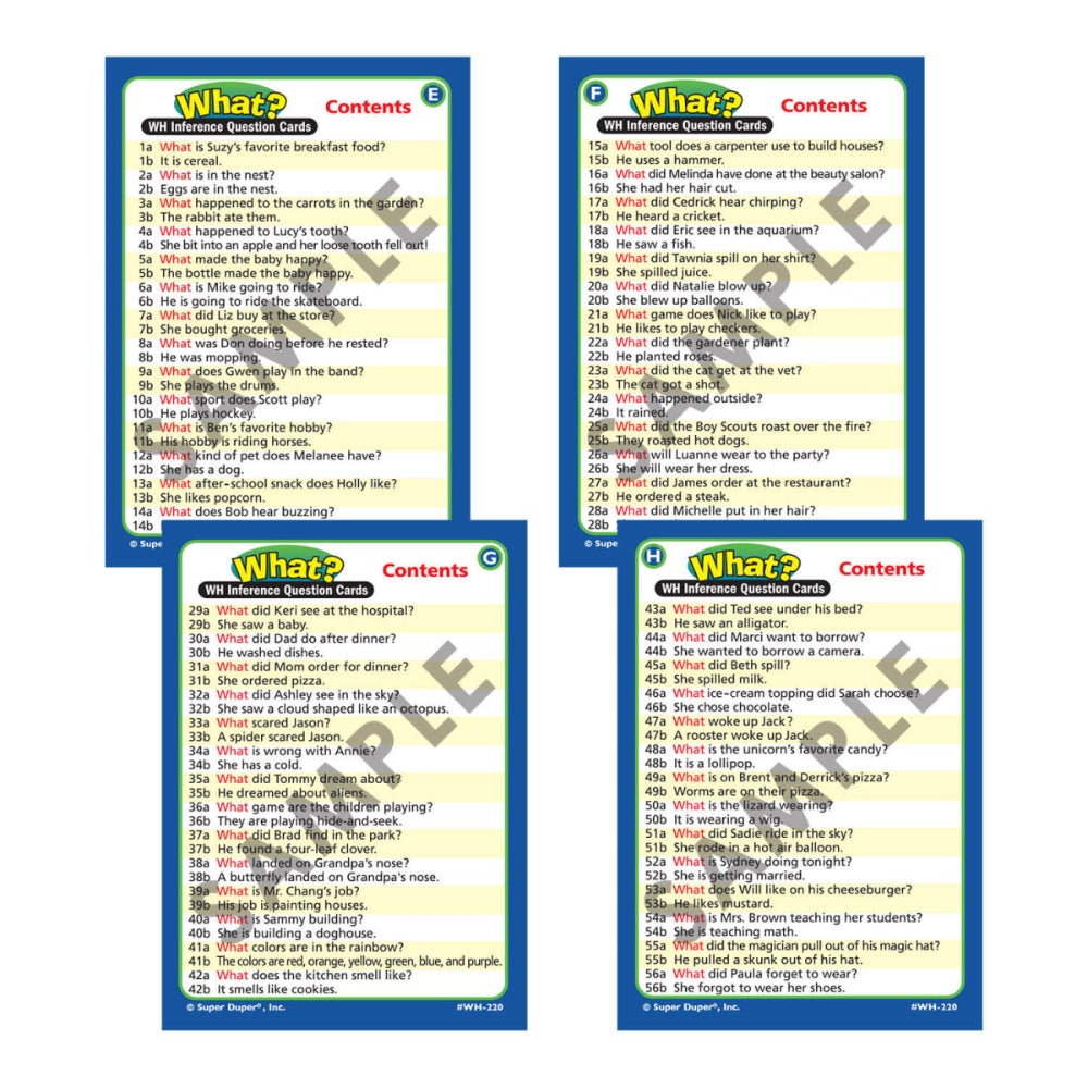 Ring Talkers® WH Inference Question Cards, table of contents for What deck