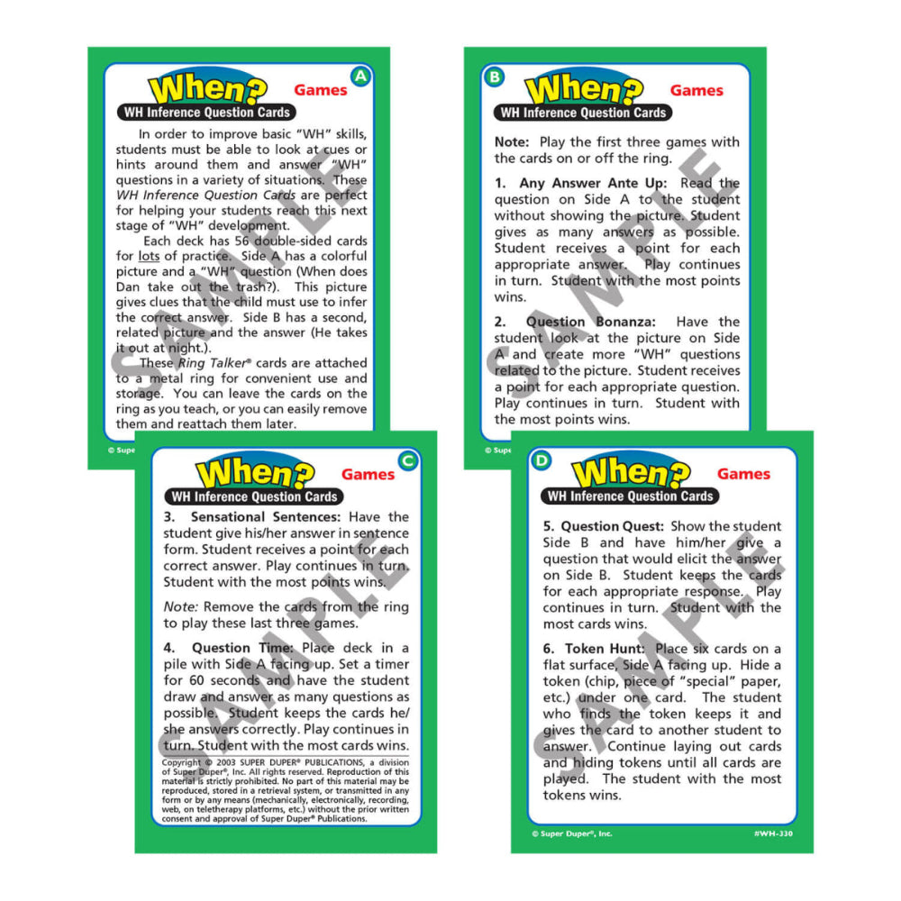 Ring Talkers® WH Inference Question Cards, instruction cards for When deck