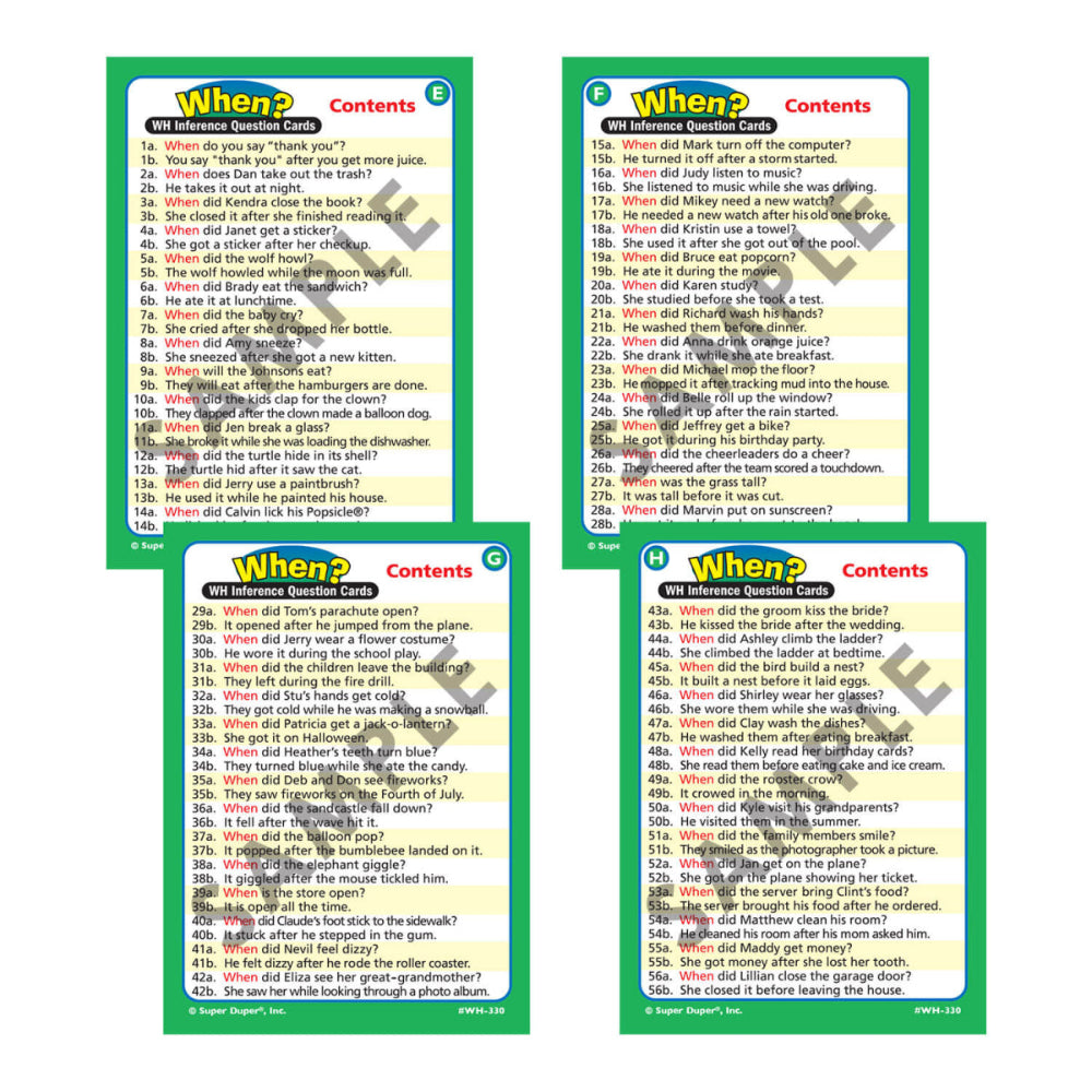 Ring Talkers® WH Inference Question Cards, table of contents for When deck