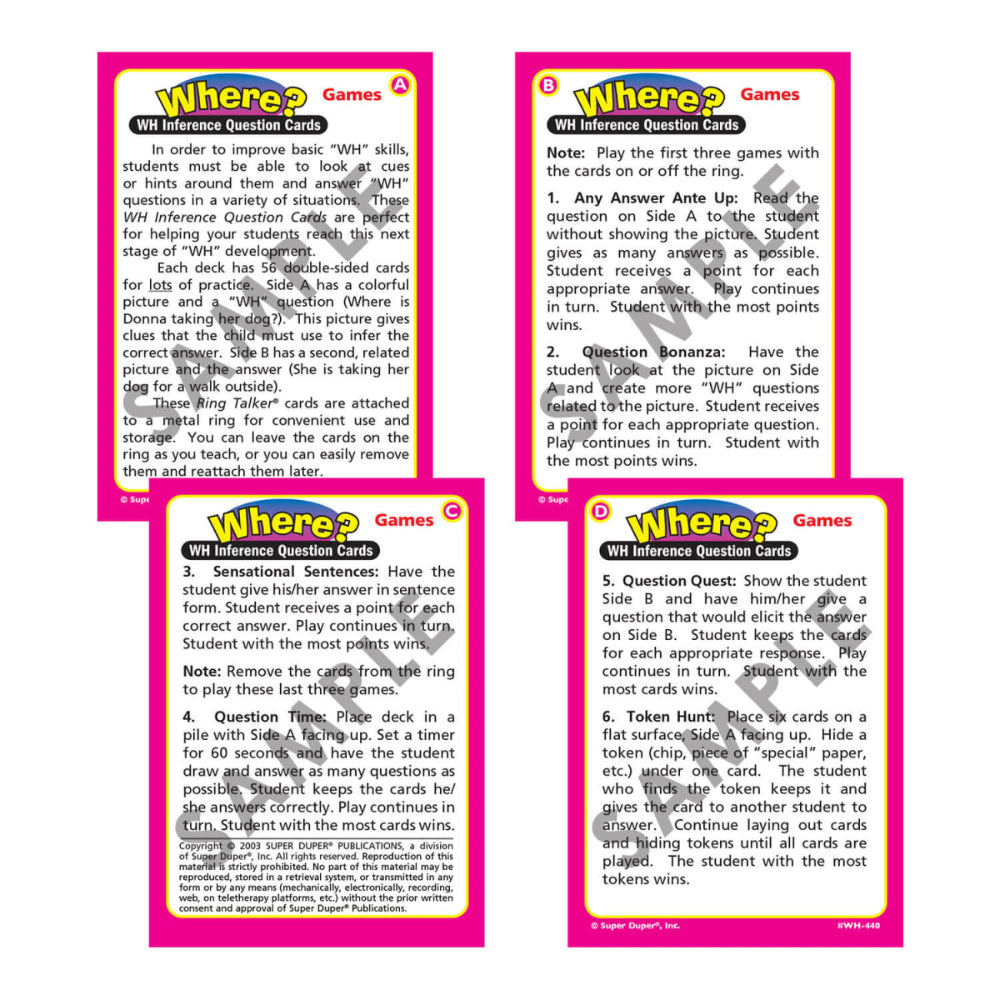 Ring Talkers® WH Inference Question Cards, instruction cards for Where deck