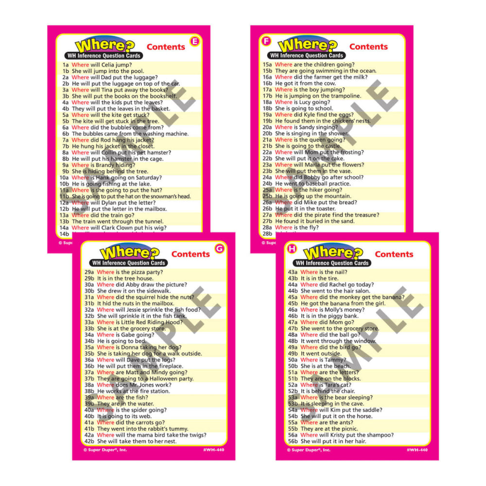 Ring Talkers® WH Inference Question Cards, table of contents for Where deck